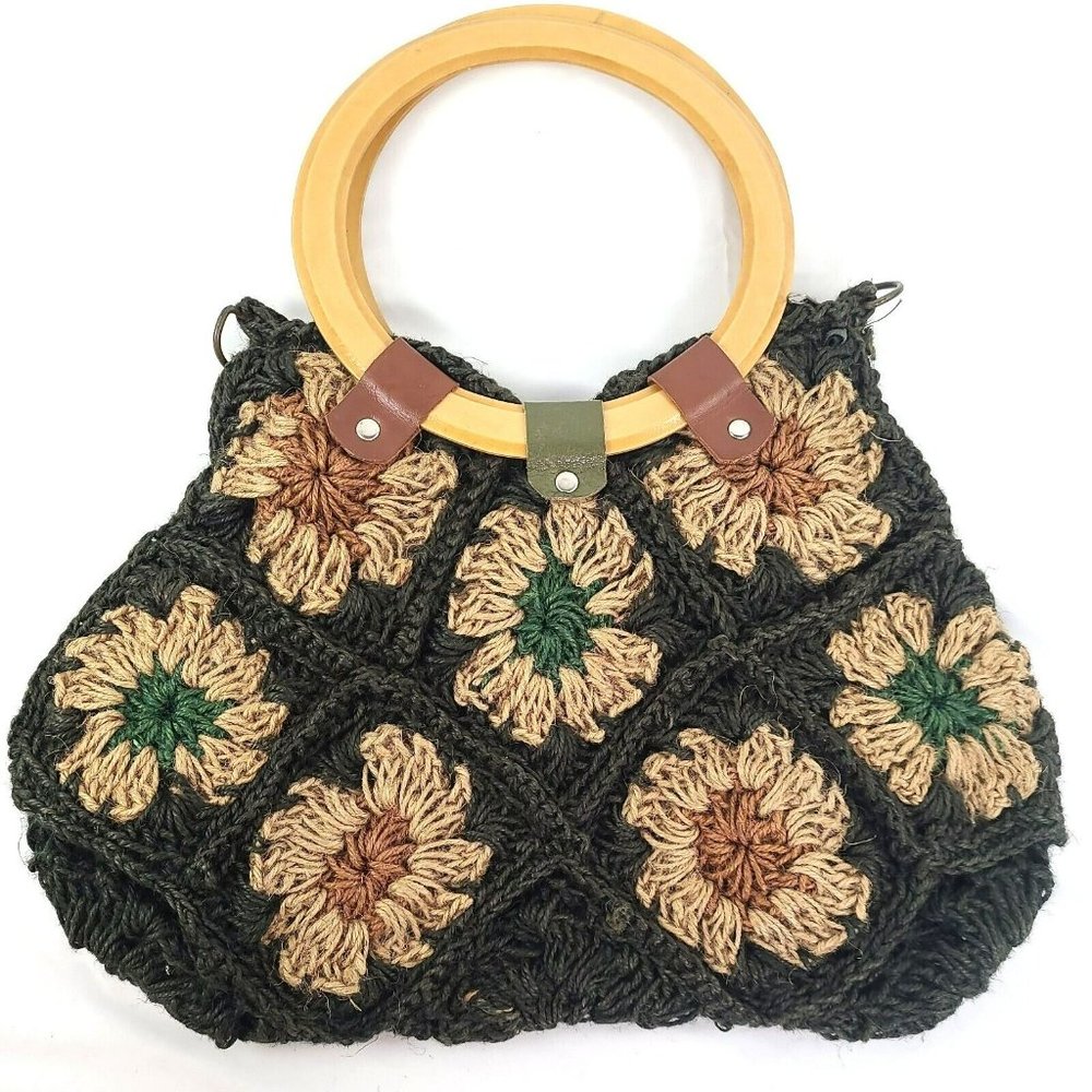 Jute Floral Crochet Handbag Purse Tote Boho Flowers Patchwork Wood Handle Bag - Picture 2 of 14